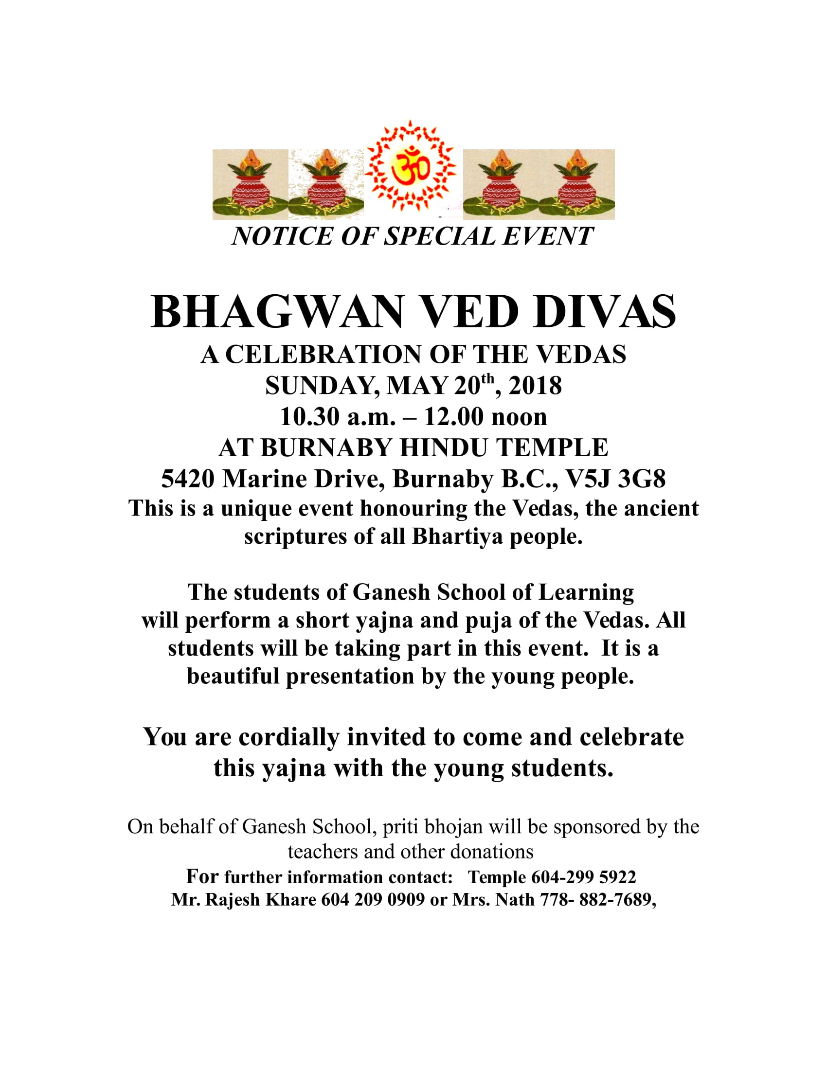 Bhagwan Ved Divas -A celebration of the Vedas at Burnaby Hindu Temple ...